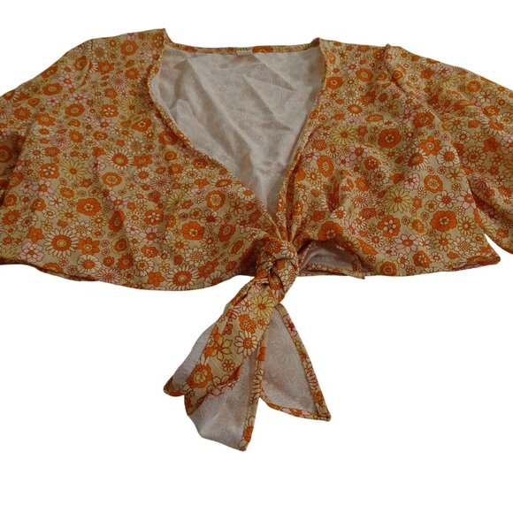 Floral Tie-Front Wide Sleeve Crop Cover-Up Jacket Women Size L Orange Retro Fall - Picture 3 of 11